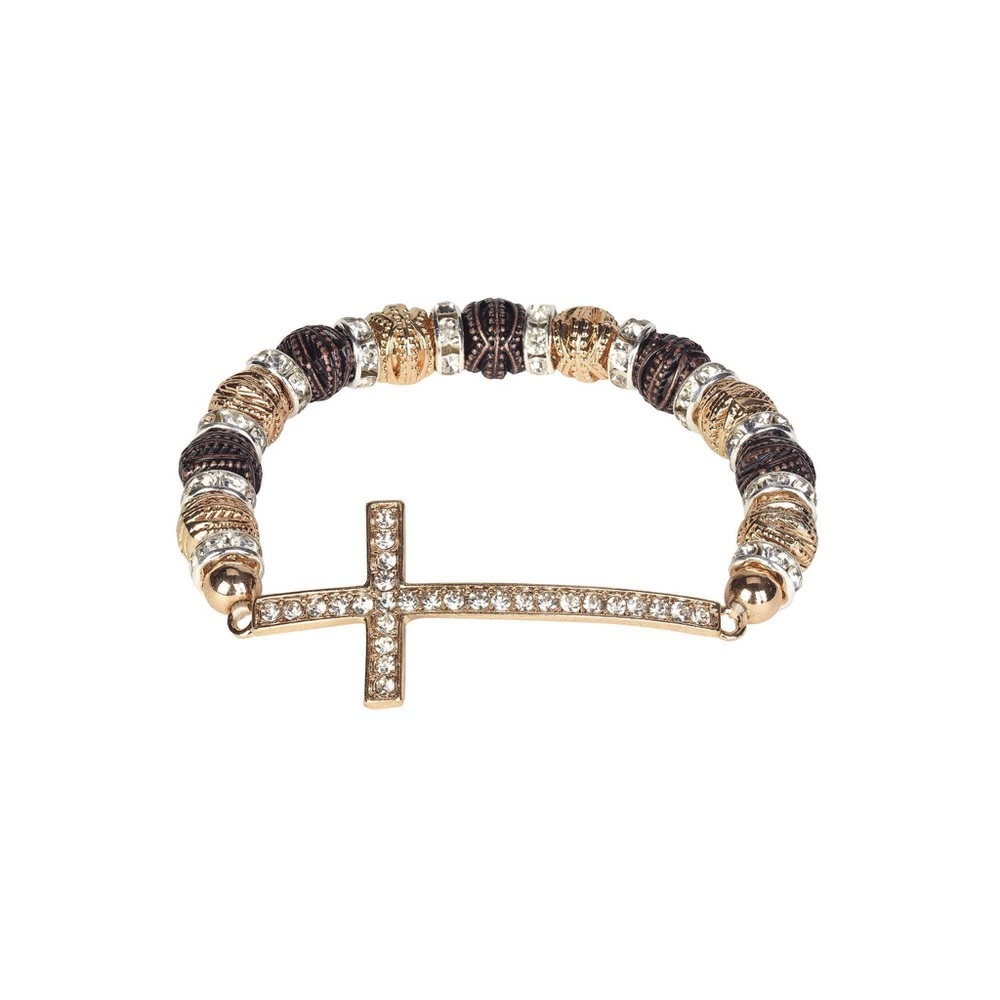 Sideways CZ Curved Cross Bracelet (Gold/Bronze)